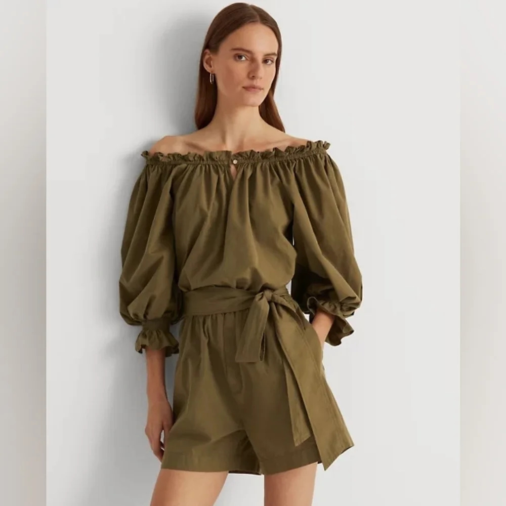Ralph Lauren Olive Green Off The Shoulder Cotton Ruffle Belted Romper 8 M Medium